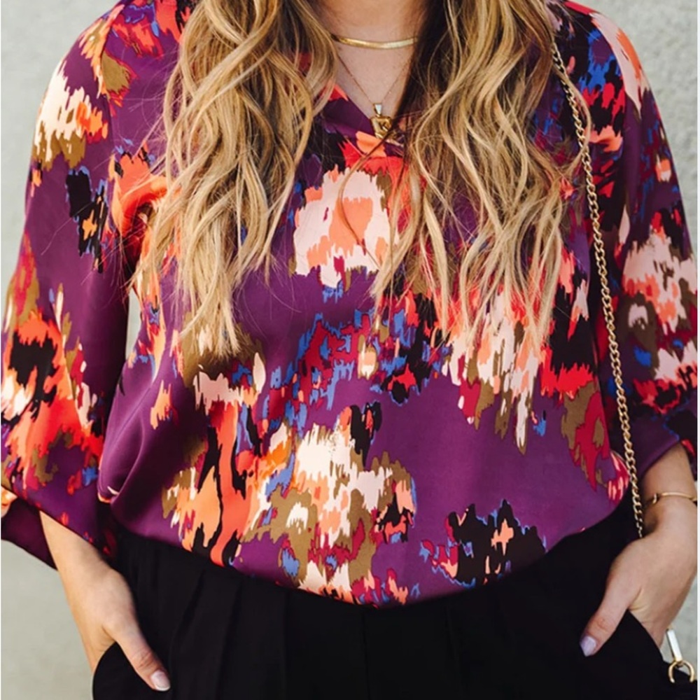 Puff Sleeve Abstract Print Blouse Large